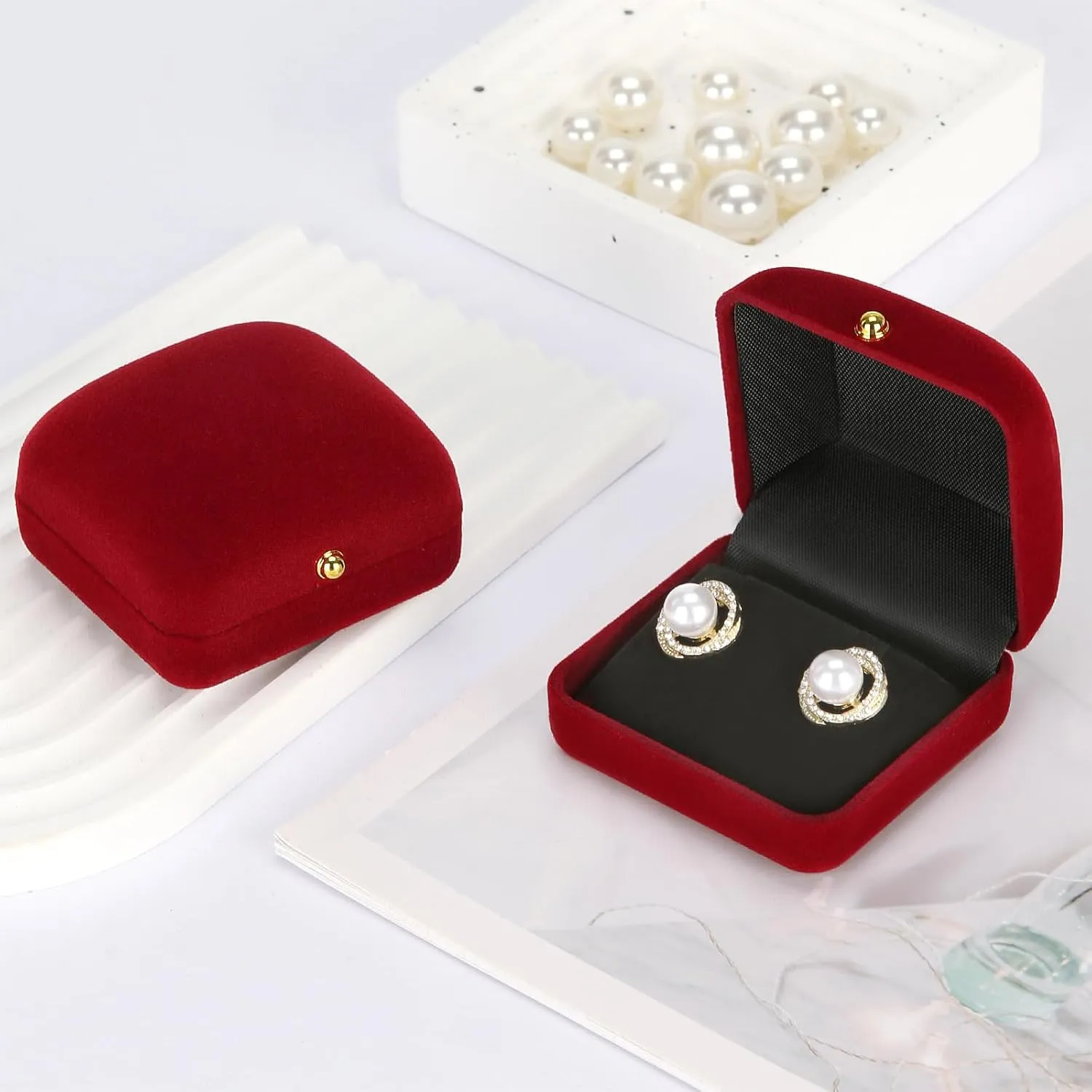 2 Pieces Velvet Earring Stud Gift Box, Jewelry Holder Display Case for Earring stud cufflinks, Earring Organizer Storage Box for Women Girl (Red)