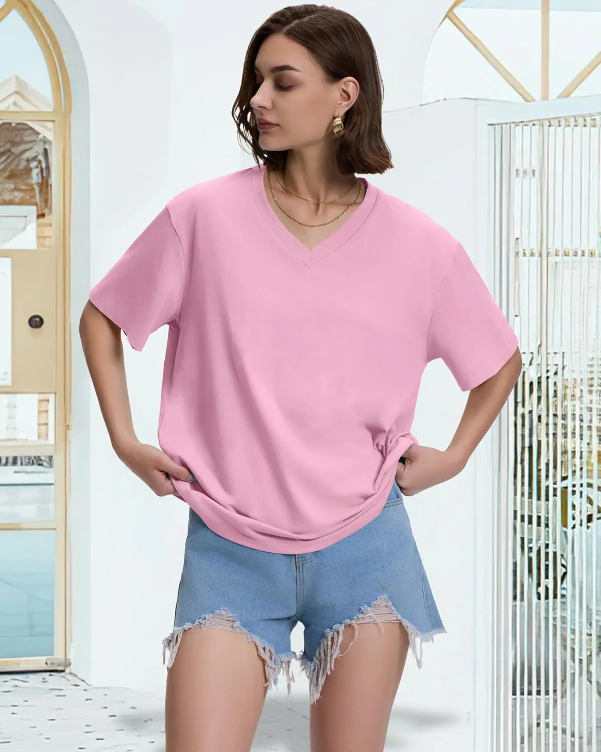 ADOREJOY Oversized Tshirts for Women V Neck Summer Short Sleeve Casual Loose Tunic Tees