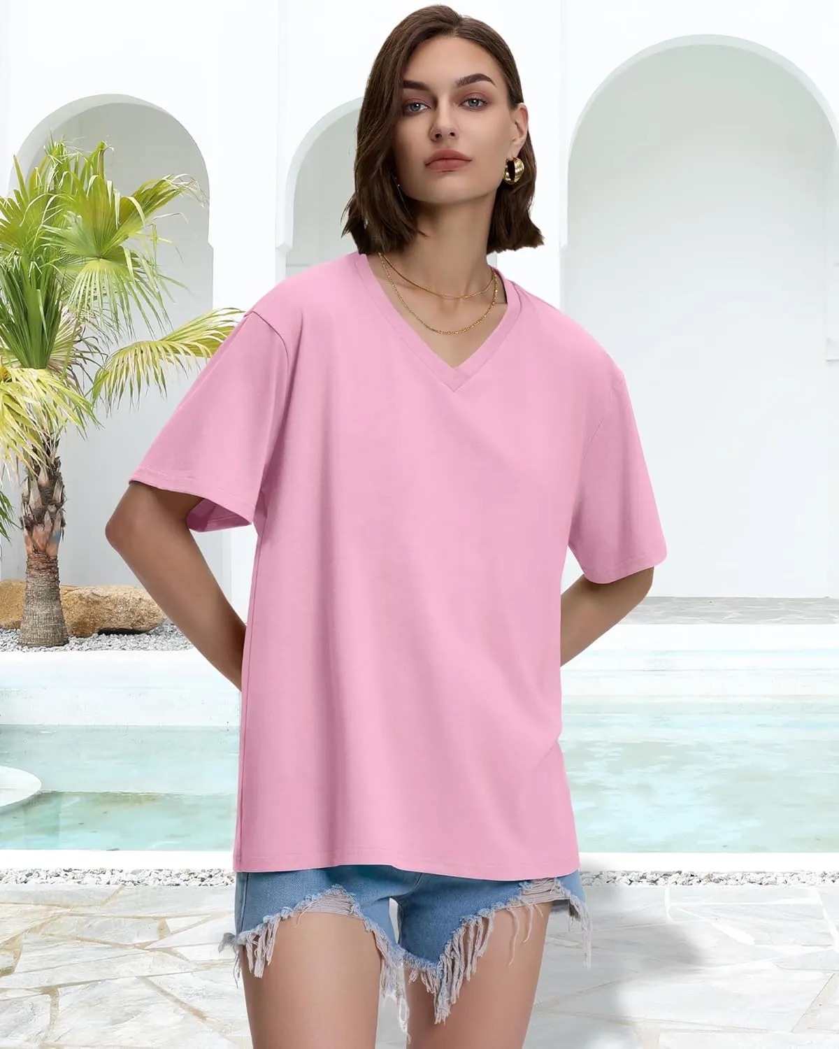 ADOREJOY Oversized Tshirts for Women V Neck Summer Short Sleeve Casual Loose Tunic Tees