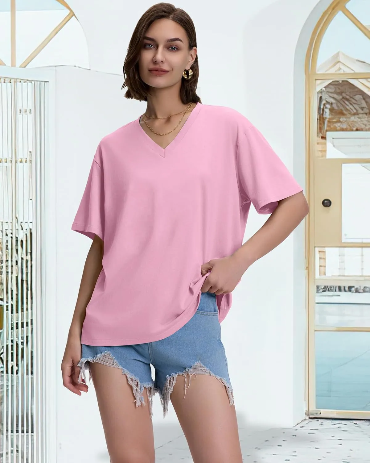 ADOREJOY Oversized Tshirts for Women V Neck Summer Short Sleeve Casual Loose Tunic Tees