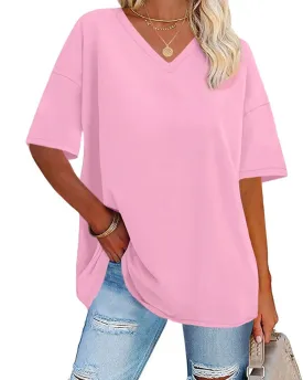 ADOREJOY Oversized Tshirts for Women V Neck Summer Short Sleeve Casual Loose Tunic Tees