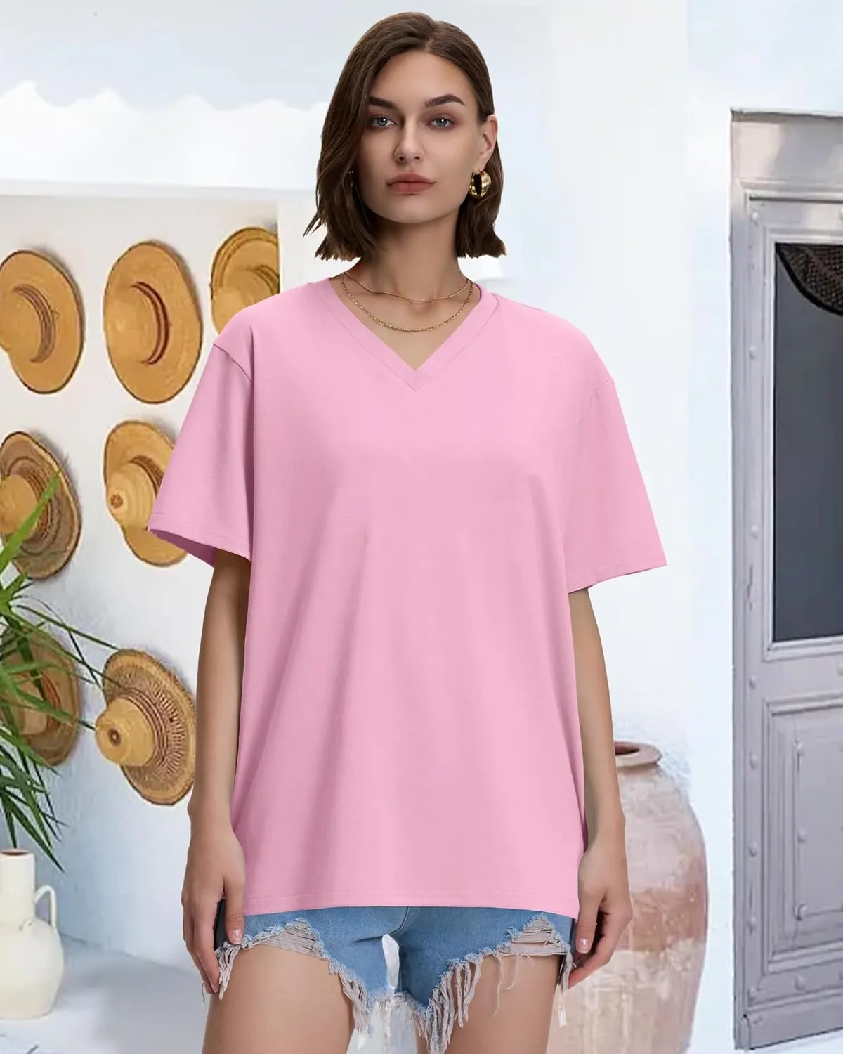 ADOREJOY Oversized Tshirts for Women V Neck Summer Short Sleeve Casual Loose Tunic Tees