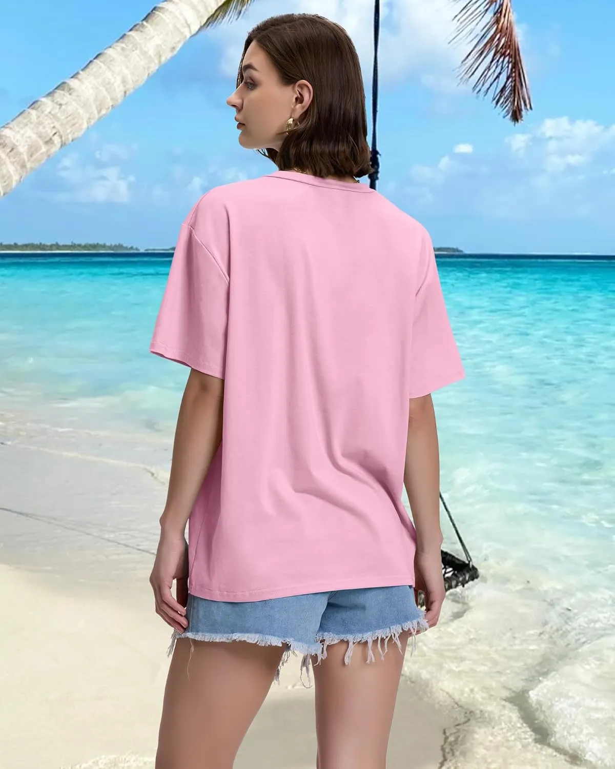 ADOREJOY Oversized Tshirts for Women V Neck Summer Short Sleeve Casual Loose Tunic Tees