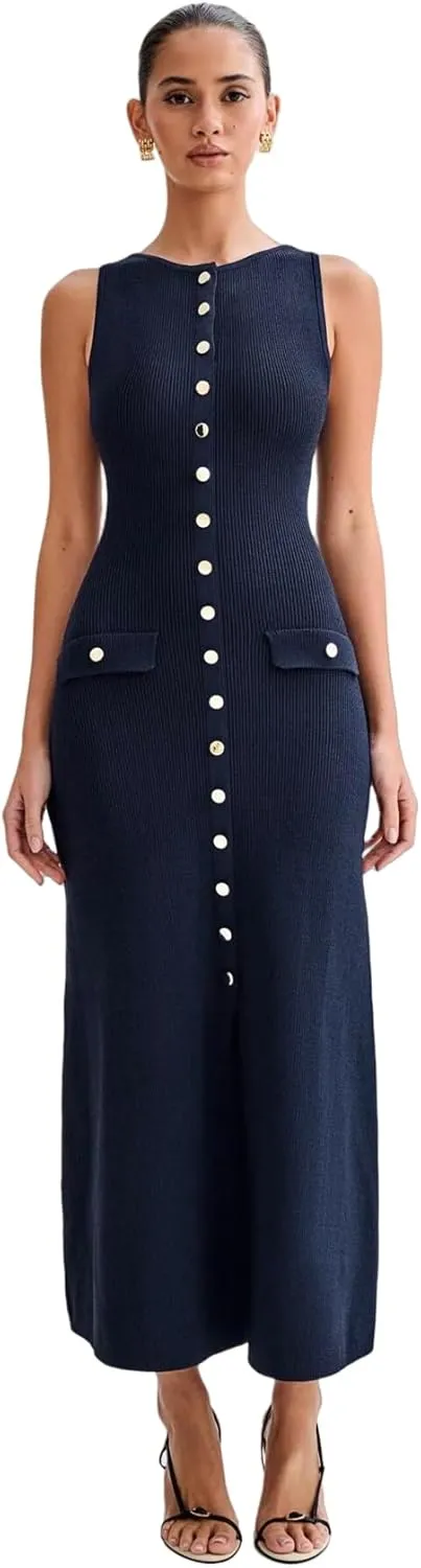 ANKOMINA Women's Elegant Knitted Long Bodycon Dress Fashion Sleeveless Button Down Fake Pocket Dresses for Party Evening Work