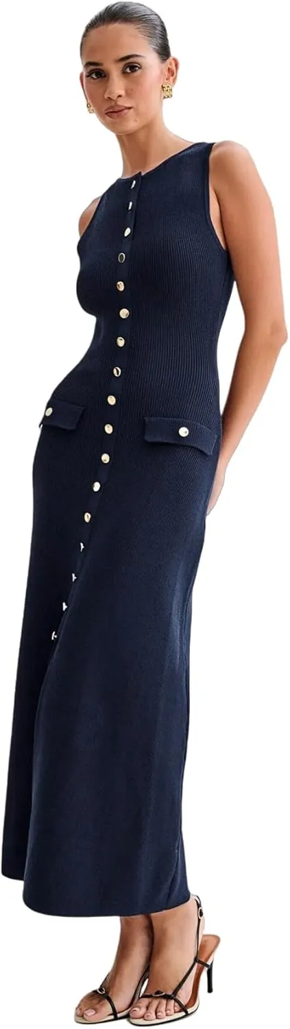 ANKOMINA Women's Elegant Knitted Long Bodycon Dress Fashion Sleeveless Button Down Fake Pocket Dresses for Party Evening Work