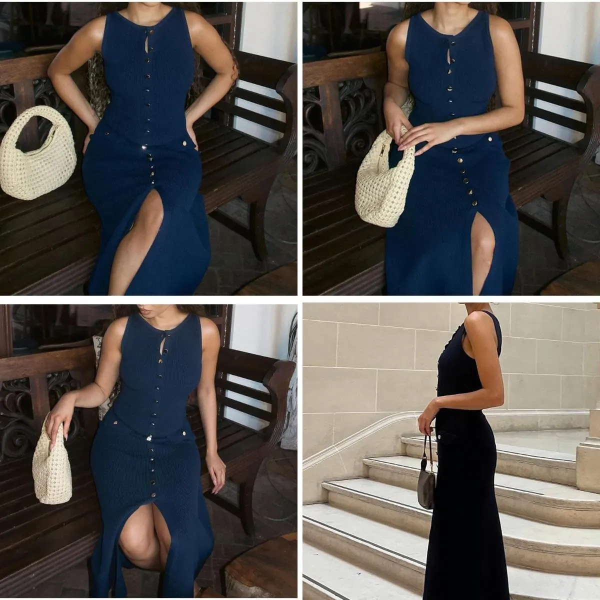 ANKOMINA Women's Elegant Knitted Long Bodycon Dress Fashion Sleeveless Button Down Fake Pocket Dresses for Party Evening Work