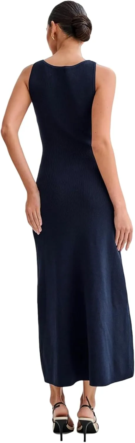 ANKOMINA Women's Elegant Knitted Long Bodycon Dress Fashion Sleeveless Button Down Fake Pocket Dresses for Party Evening Work