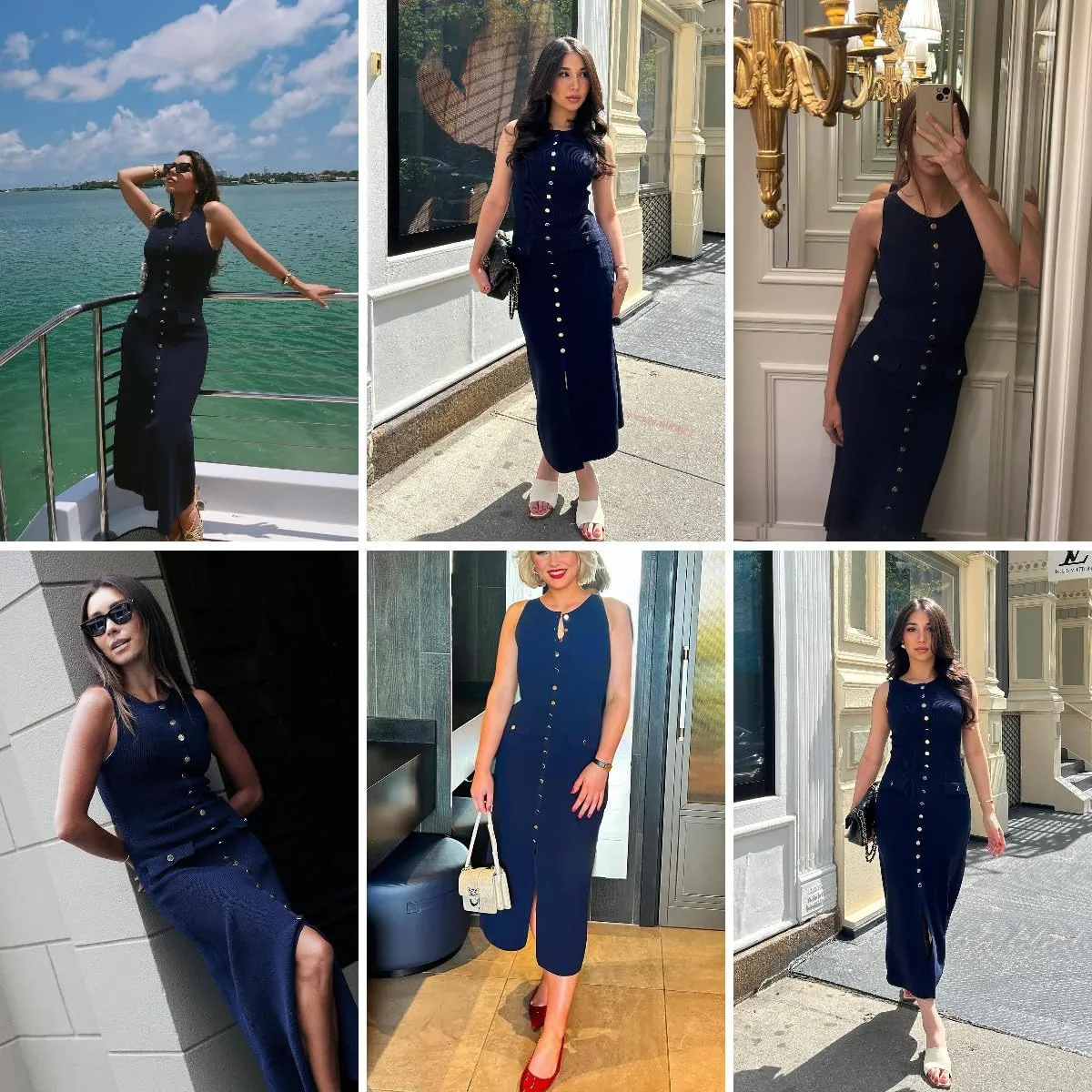 ANKOMINA Women's Elegant Knitted Long Bodycon Dress Fashion Sleeveless Button Down Fake Pocket Dresses for Party Evening Work
