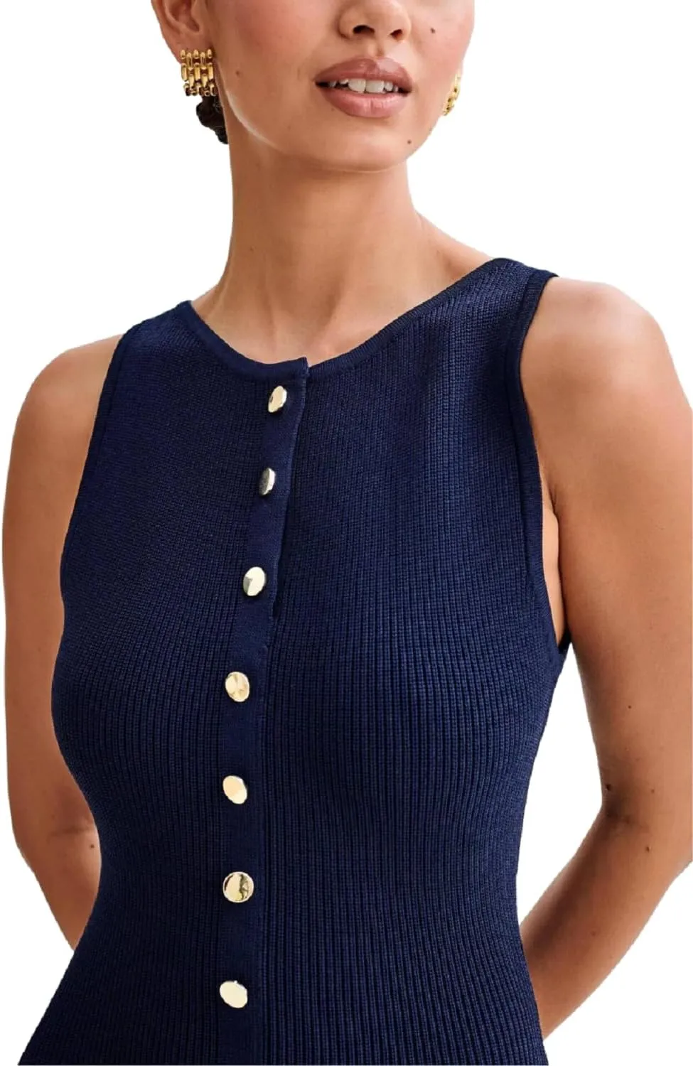 ANKOMINA Women's Elegant Knitted Long Bodycon Dress Fashion Sleeveless Button Down Fake Pocket Dresses for Party Evening Work