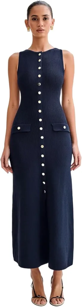 ANKOMINA Women's Elegant Knitted Long Bodycon Dress Fashion Sleeveless Button Down Fake Pocket Dresses for Party Evening Work