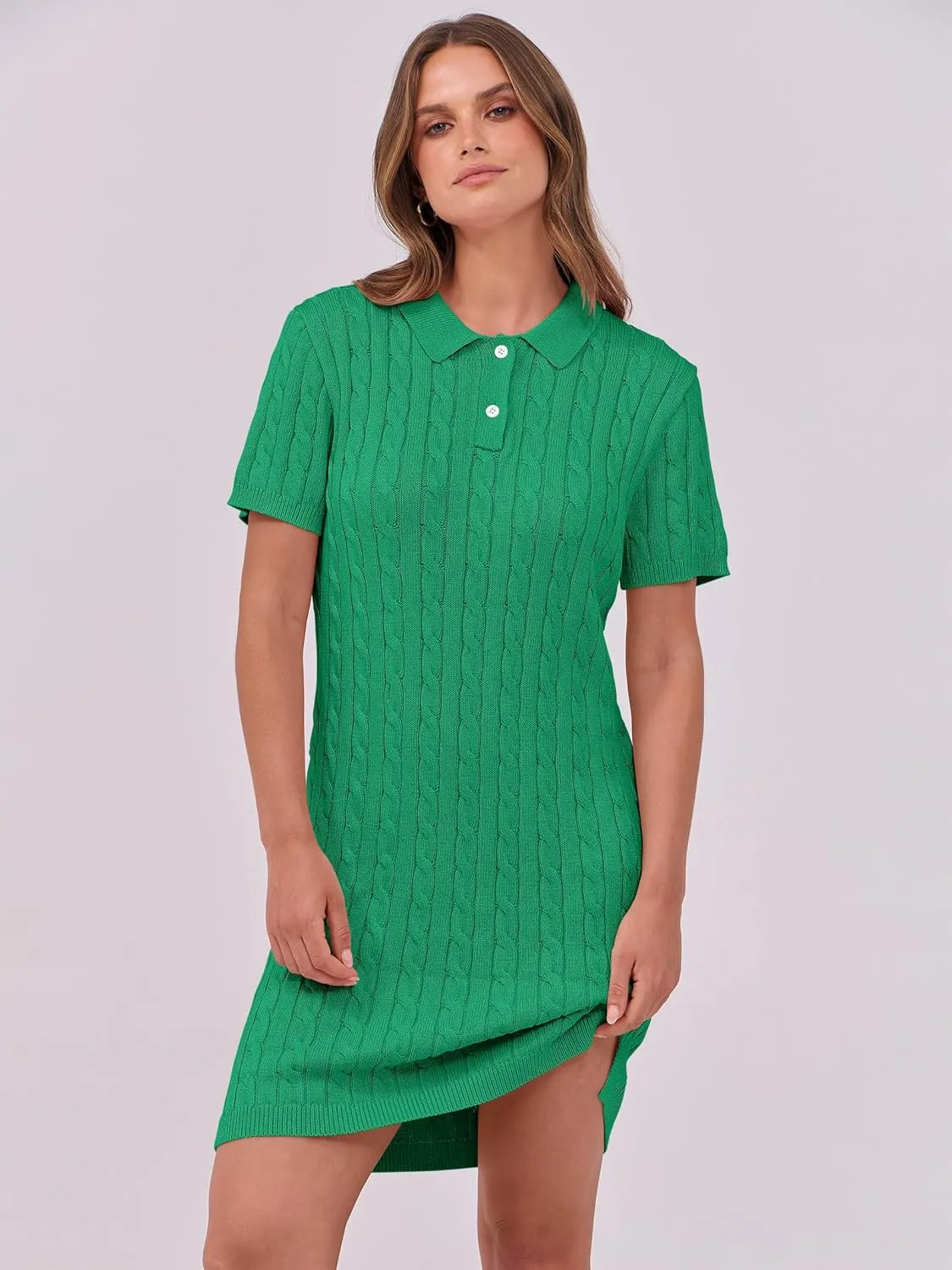ANRABESS Short Sleeve Sweater Dress for Women Summer Casual V Neck Cable Knit Mini Polo Dresses 2025 Trendy