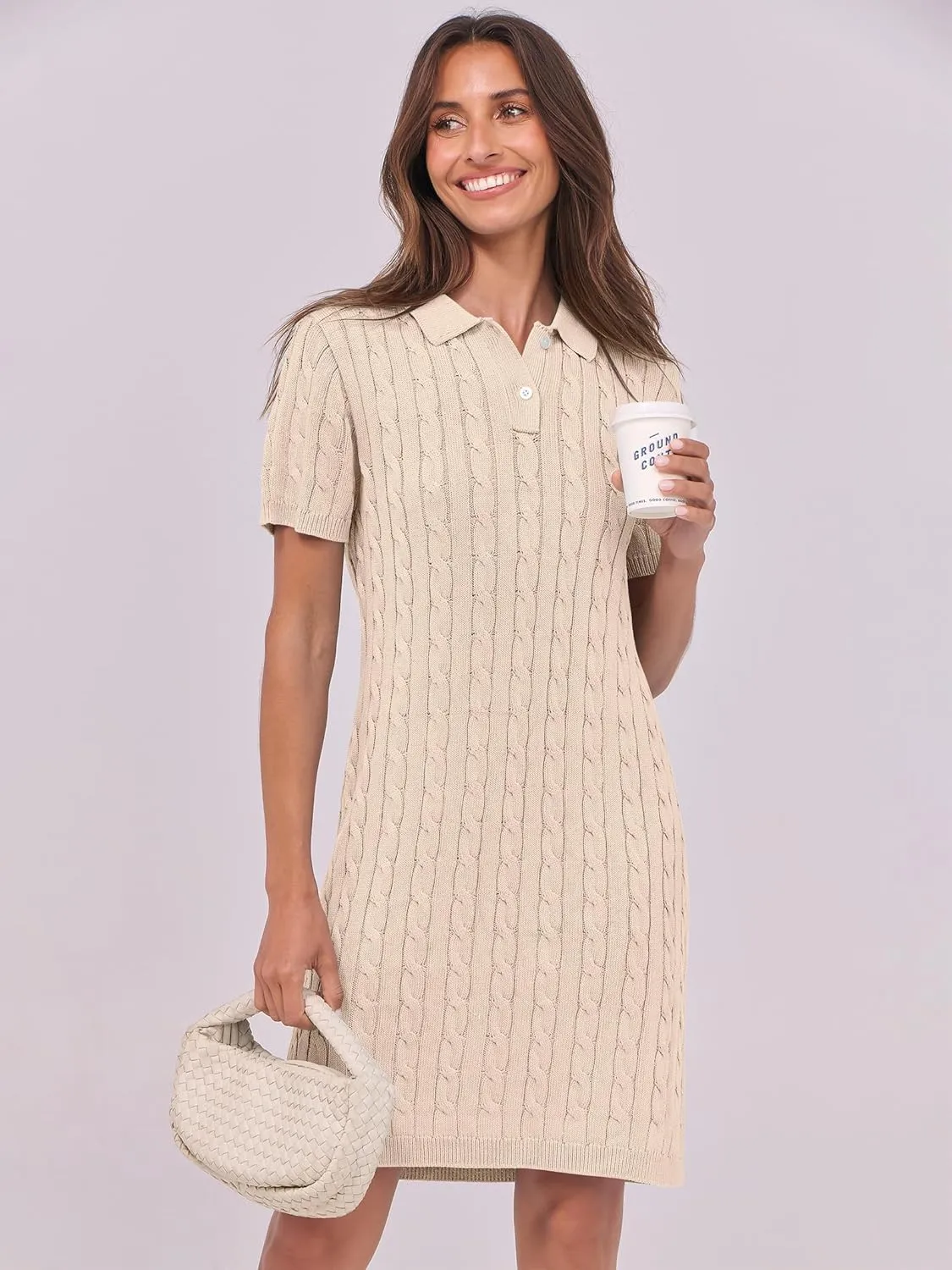 ANRABESS Short Sleeve Sweater Dress for Women Summer Casual V Neck Cable Knit Mini Polo Dresses 2025 Trendy