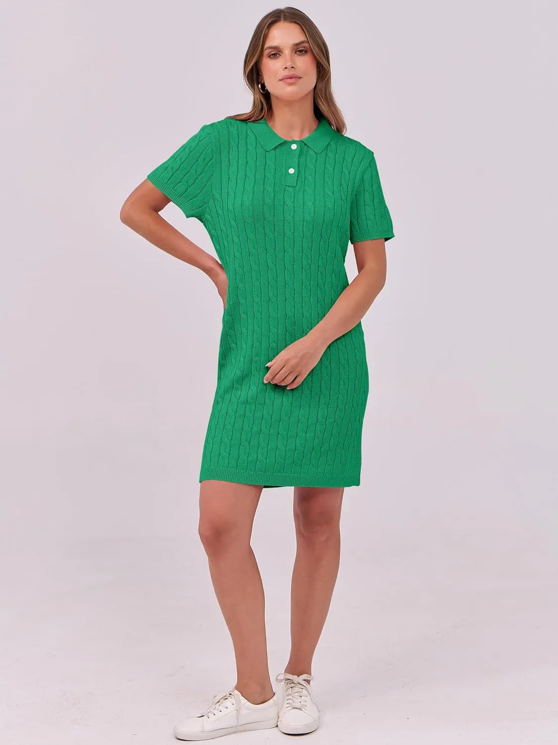 ANRABESS Short Sleeve Sweater Dress for Women Summer Casual V Neck Cable Knit Mini Polo Dresses 2025 Trendy