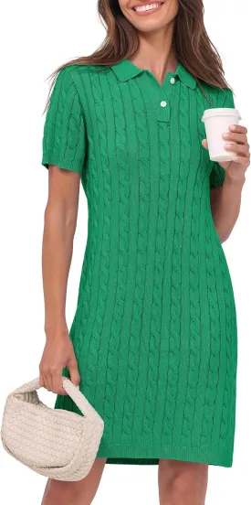ANRABESS Short Sleeve Sweater Dress for Women Summer Casual V Neck Cable Knit Mini Polo Dresses 2025 Trendy