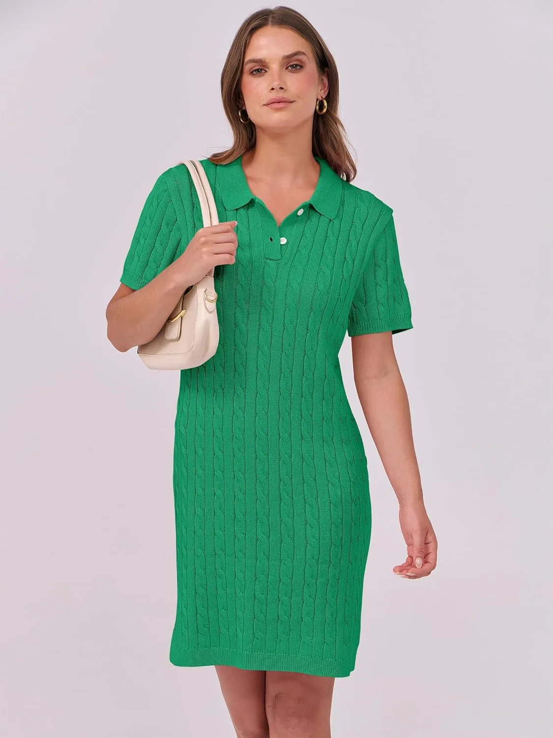 ANRABESS Short Sleeve Sweater Dress for Women Summer Casual V Neck Cable Knit Mini Polo Dresses 2025 Trendy