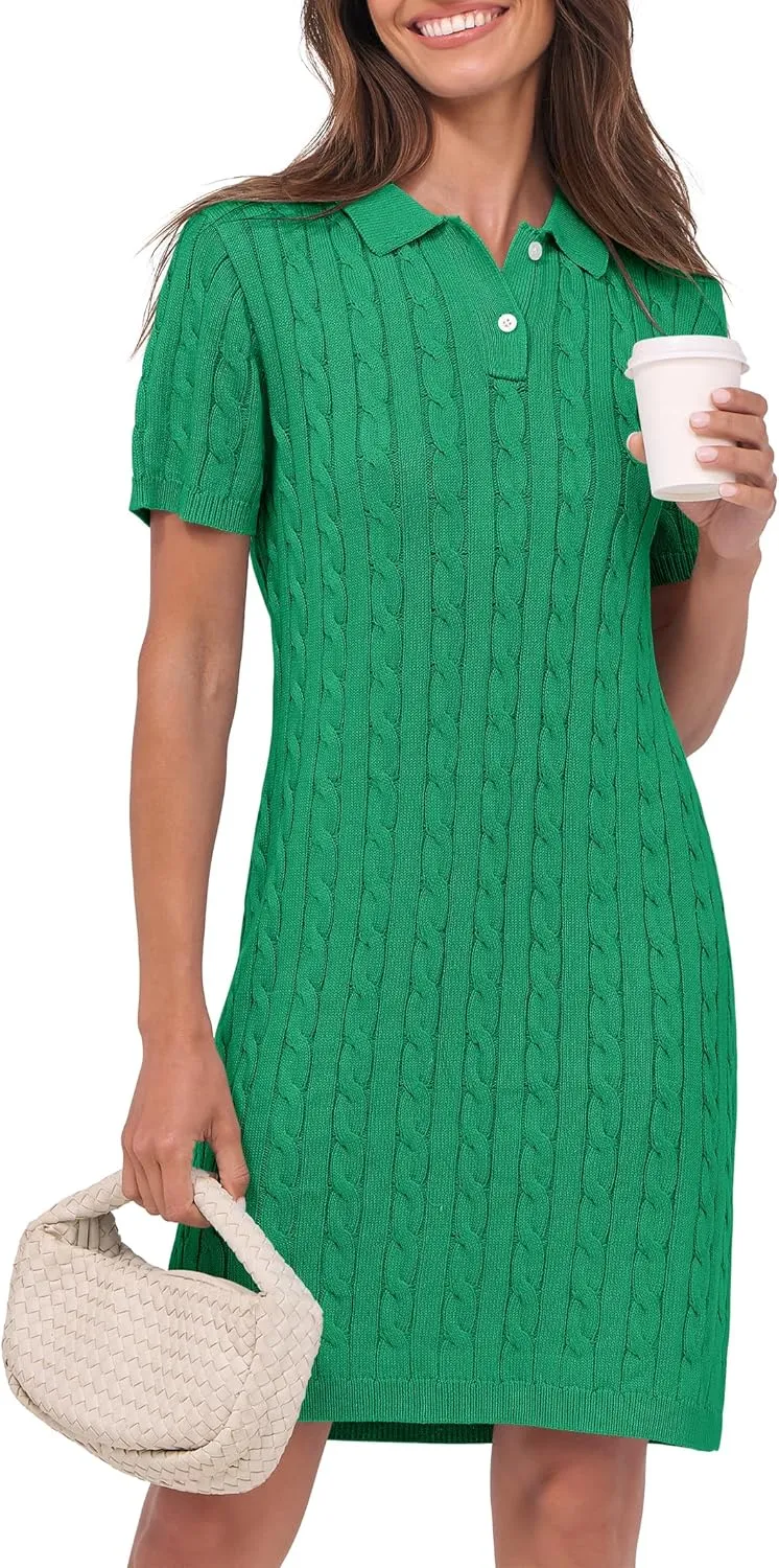 ANRABESS Short Sleeve Sweater Dress for Women Summer Casual V Neck Cable Knit Mini Polo Dresses 2025 Trendy