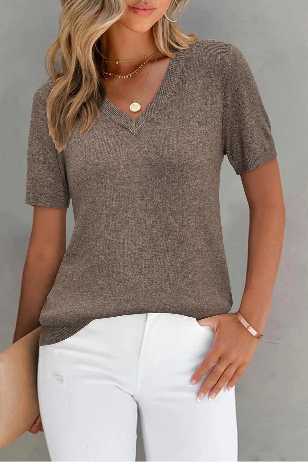 Arach&Cloz 2025 Womens Wool Blend Tops Soft V Neck Short Sleeve Summer Fashion Sweater Pullover Business Casual Outfits