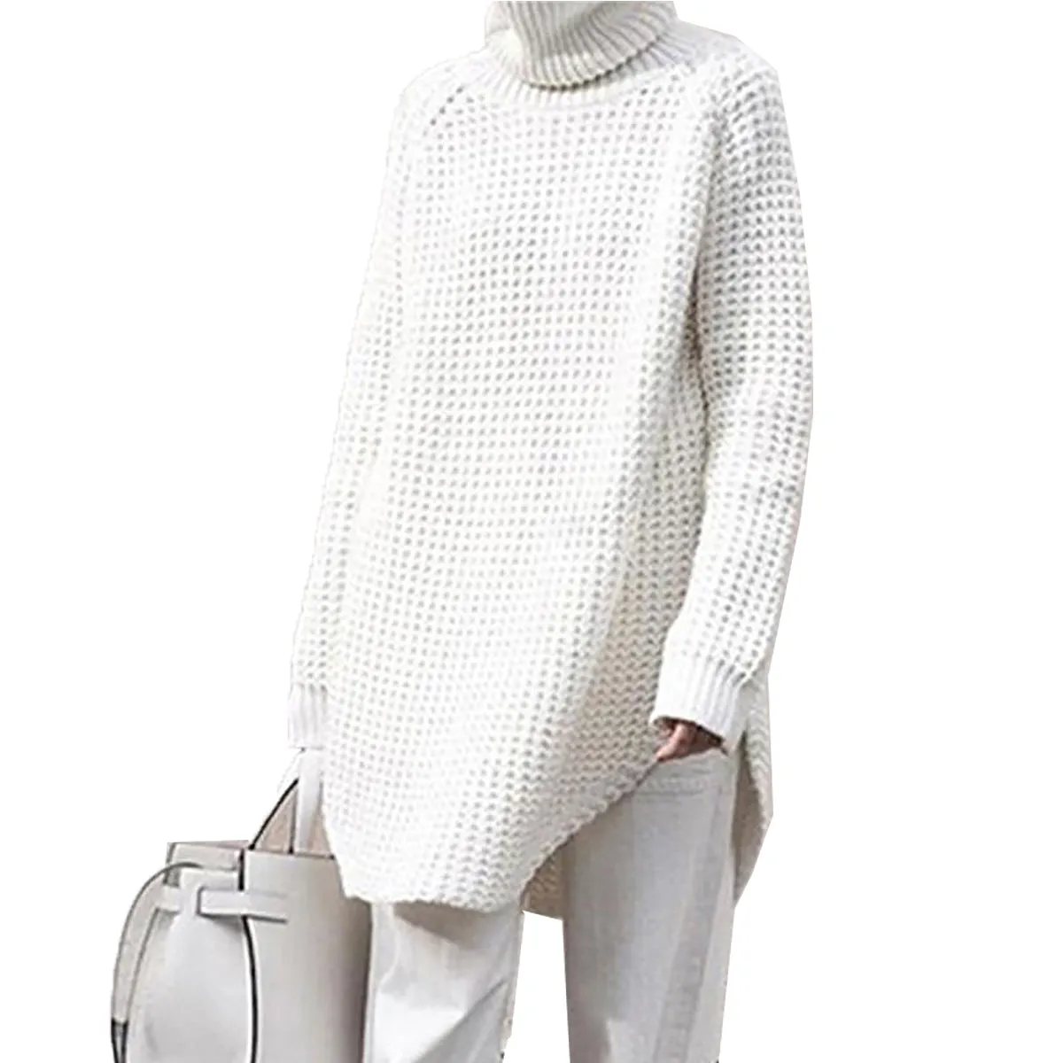 ASHORESHOP Hollow Out Sweater For Women Turtleneck Split Hem