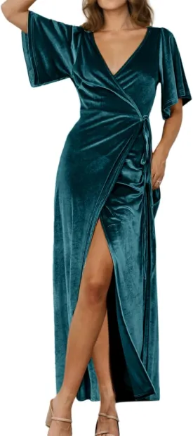 BerryGo Women's Velvet V Neck Wrap Fall Maxi Dress Formal Bell Sleeve Bridesmaid Cocktail Party Long Dresses