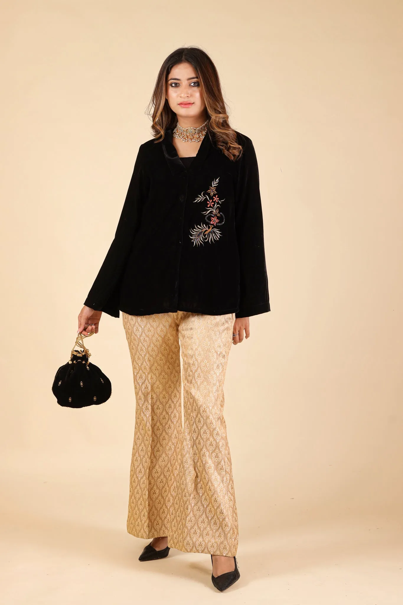 BLACK EMBROIDERED CAPE WITH BROCADE PANTS