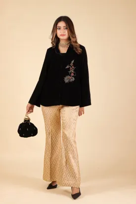 BLACK EMBROIDERED CAPE WITH BROCADE PANTS