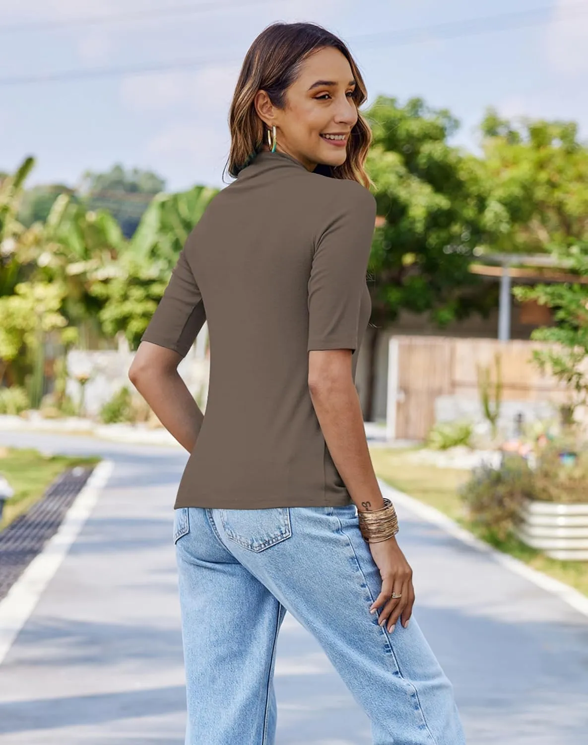 Bluetime Women Tops Half Sleeve Mock Turtleneck Tee Shirts Casual Slim Fit Basic Shirt Blouses