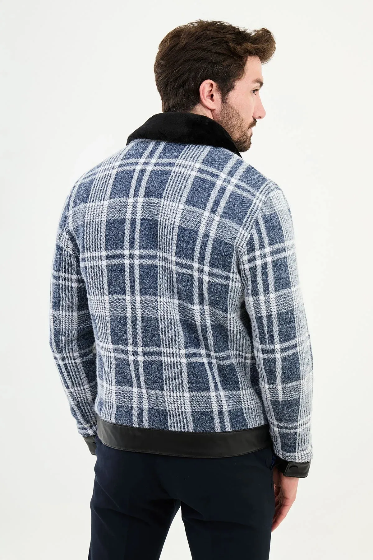 Brabion Eden Blue Fur Plaid Slim Fit Coat