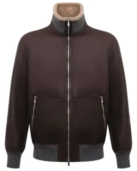 Brown Lambskin Leather and Shearling Bomber Jacket
