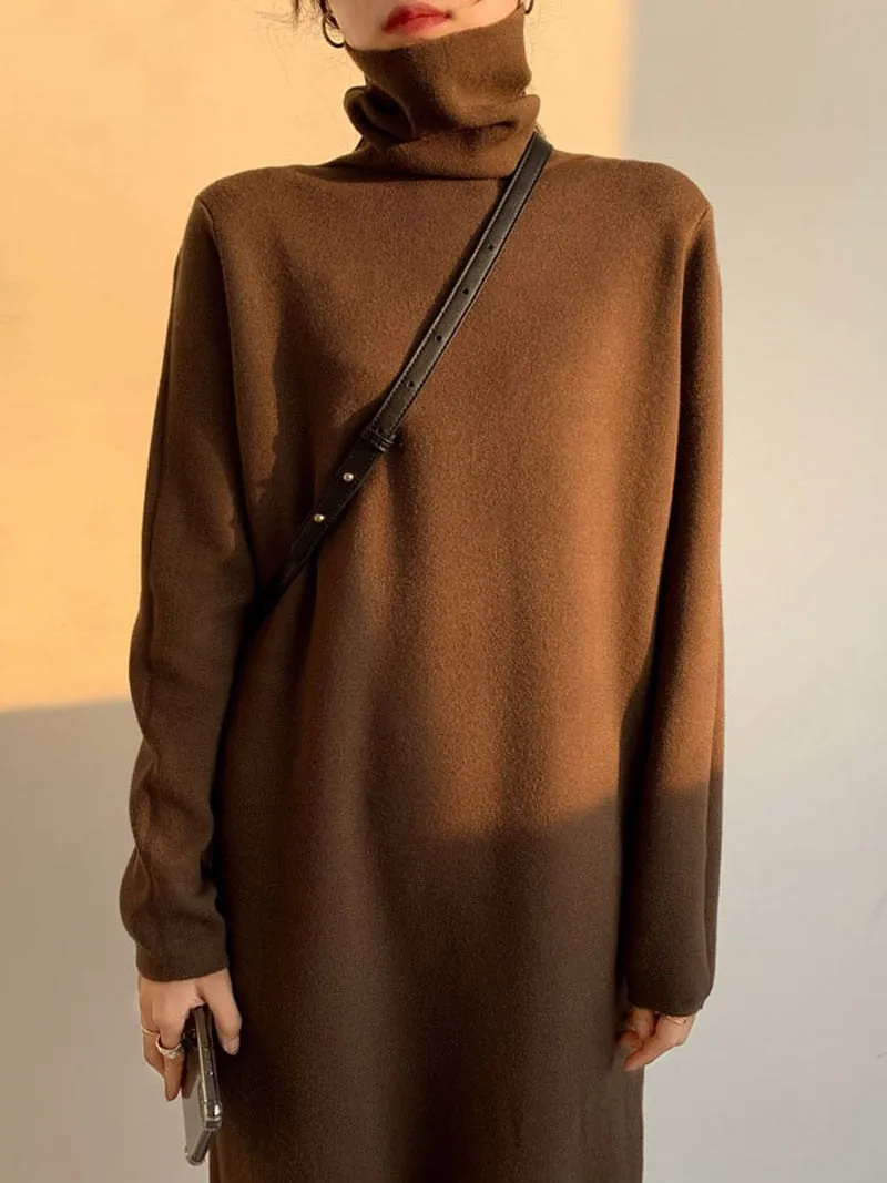 Christmas Gift Deanwangkt Casual autumn winter Pile collar thick maxi weater pullovers dress Women basic loose sweater female turtleneck long dress