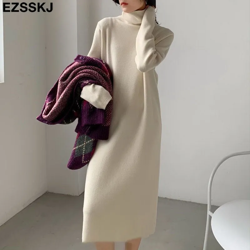 Christmas Gift Deanwangkt Casual autumn winter Pile collar thick maxi weater pullovers dress Women basic loose sweater female turtleneck long dress