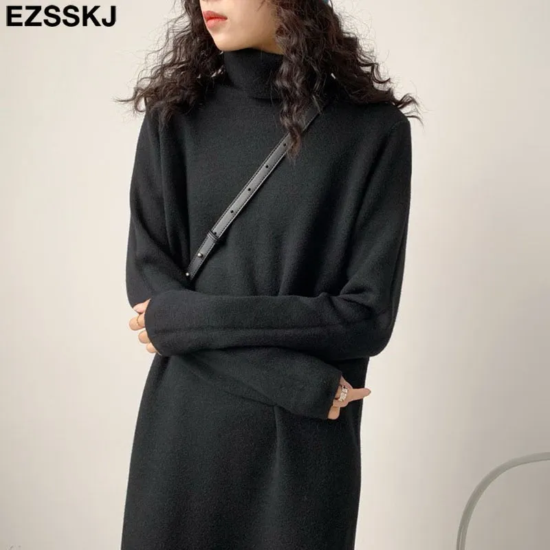 Christmas Gift Deanwangkt Casual autumn winter Pile collar thick maxi weater pullovers dress Women basic loose sweater female turtleneck long dress