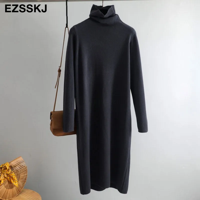 Christmas Gift Deanwangkt Casual autumn winter Pile collar thick maxi weater pullovers dress Women basic loose sweater female turtleneck long dress