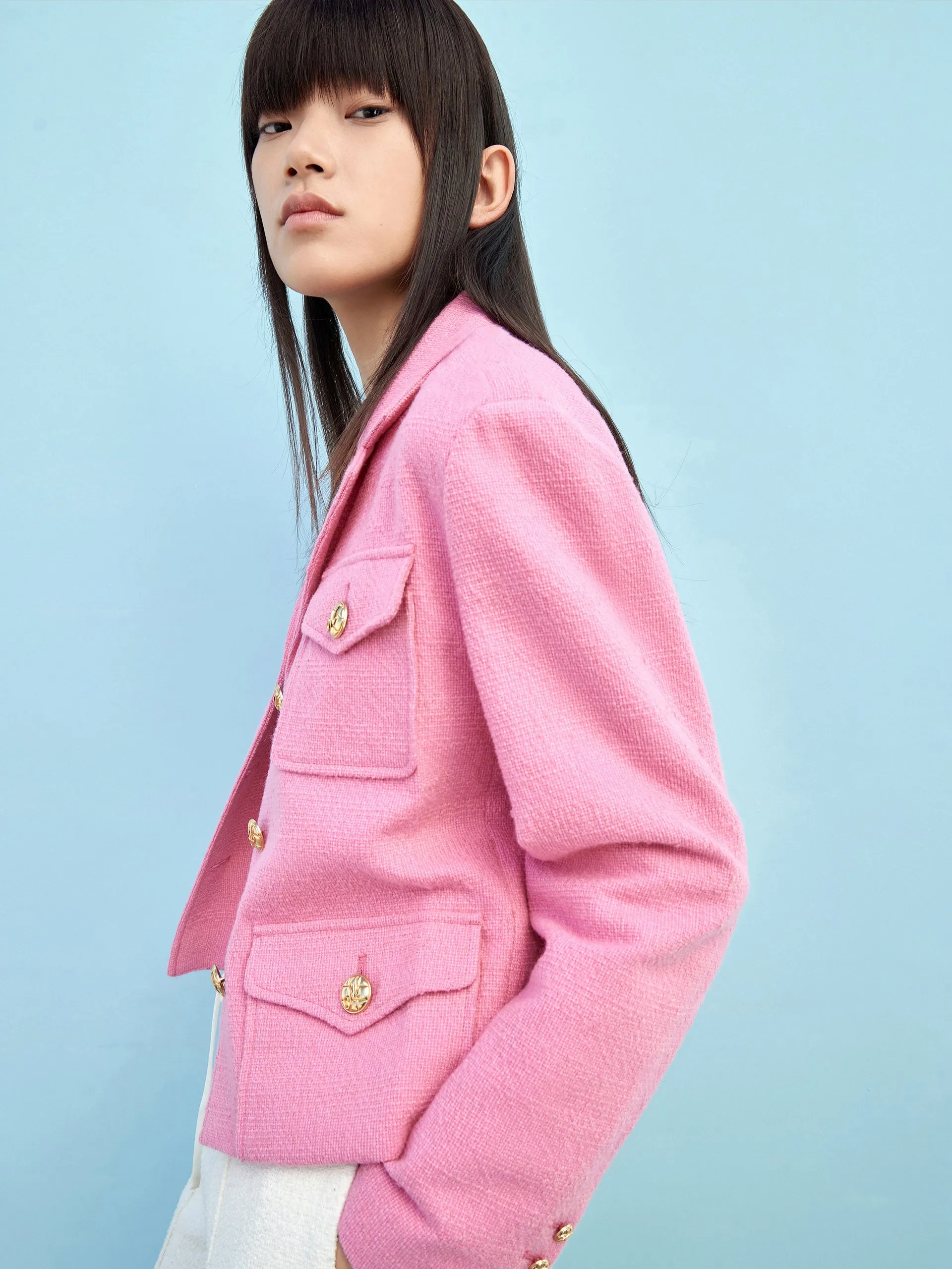Cotton Blend Boxy Lapel Jacket