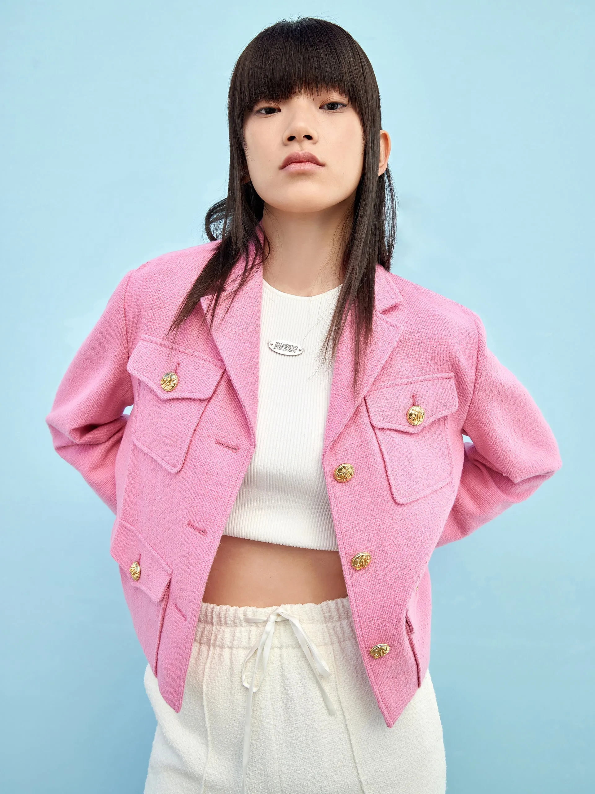 Cotton Blend Boxy Lapel Jacket