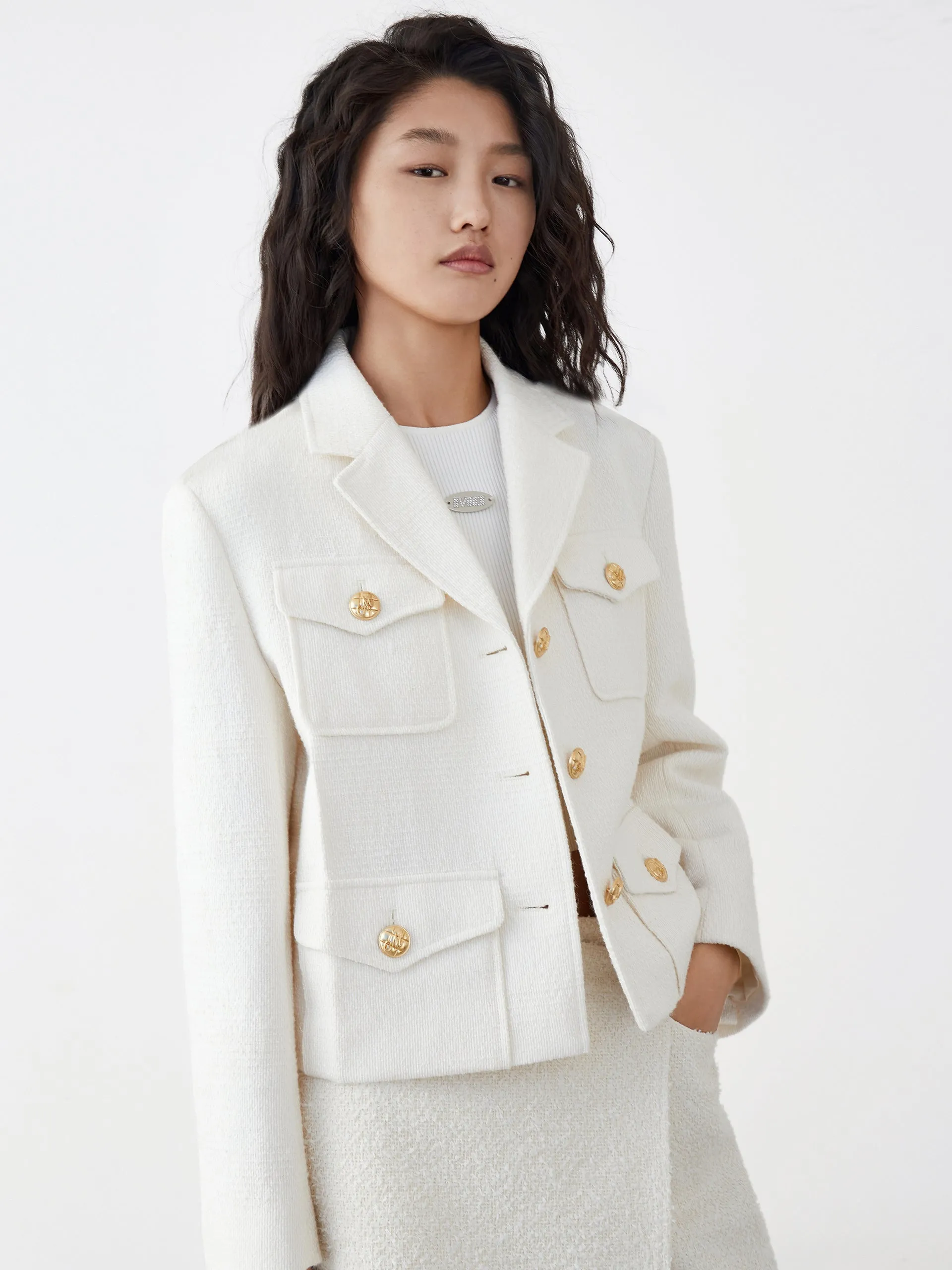 Cotton Blend Boxy Lapel Jacket