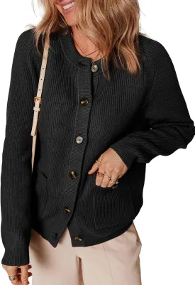 Dokotoo Cardigan Sweaters for Women Casual Long Sleeve Crewneck Button Down Cable Knit Sweater Tops with Pockets