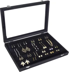 Earring Organizer Tray, Jewelry Tray with Lid, Earring Storage Box, and Jewelry Display Case, Keep Your Earrings Organized and Secure with This Stylish and Functional Earring Tray (Black)