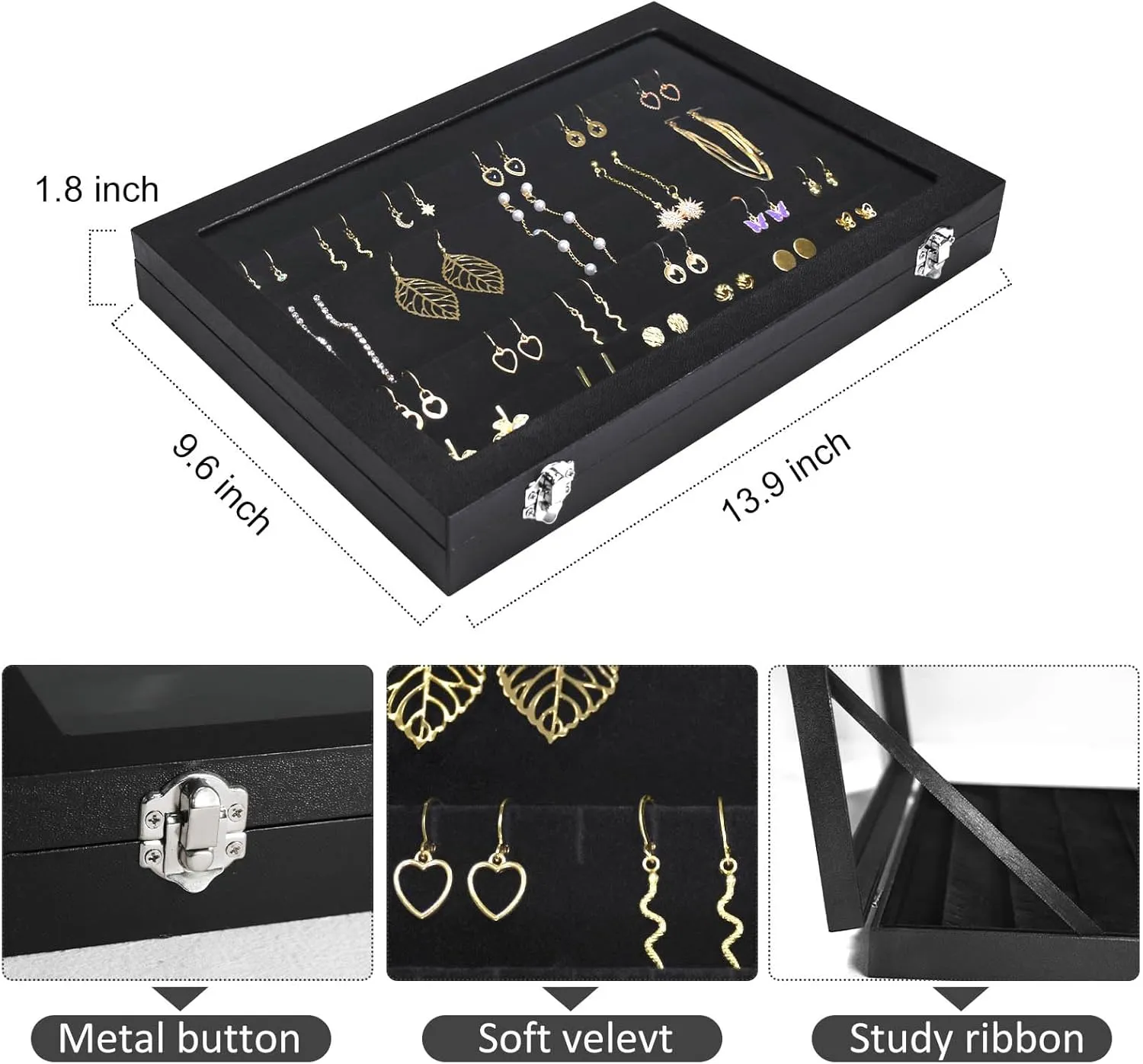Earring Organizer Tray, Jewelry Tray with Lid, Earring Storage Box, and Jewelry Display Case, Keep Your Earrings Organized and Secure with This Stylish and Functional Earring Tray (Black)
