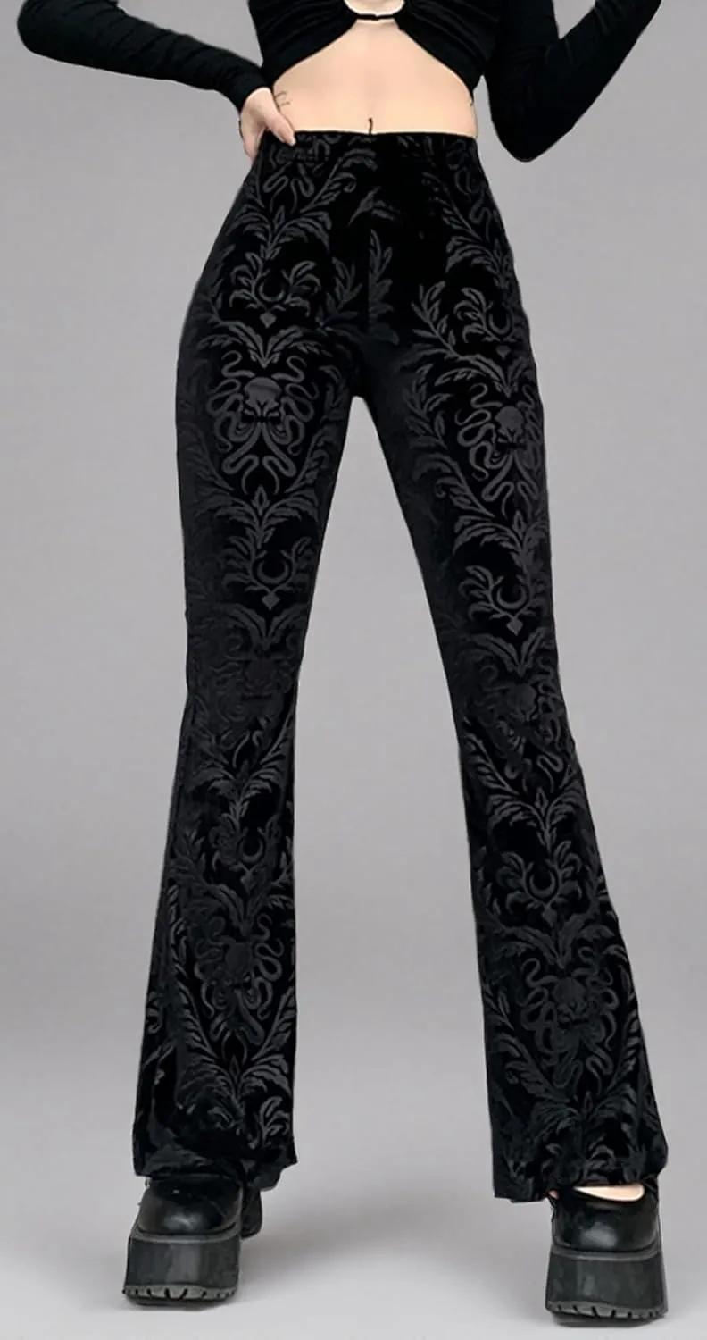 FEOYA Gothic Black Lace Flare Pants for Women Elastic Waist Victorian Bell Bottoms Mesh Punk Disco Pant