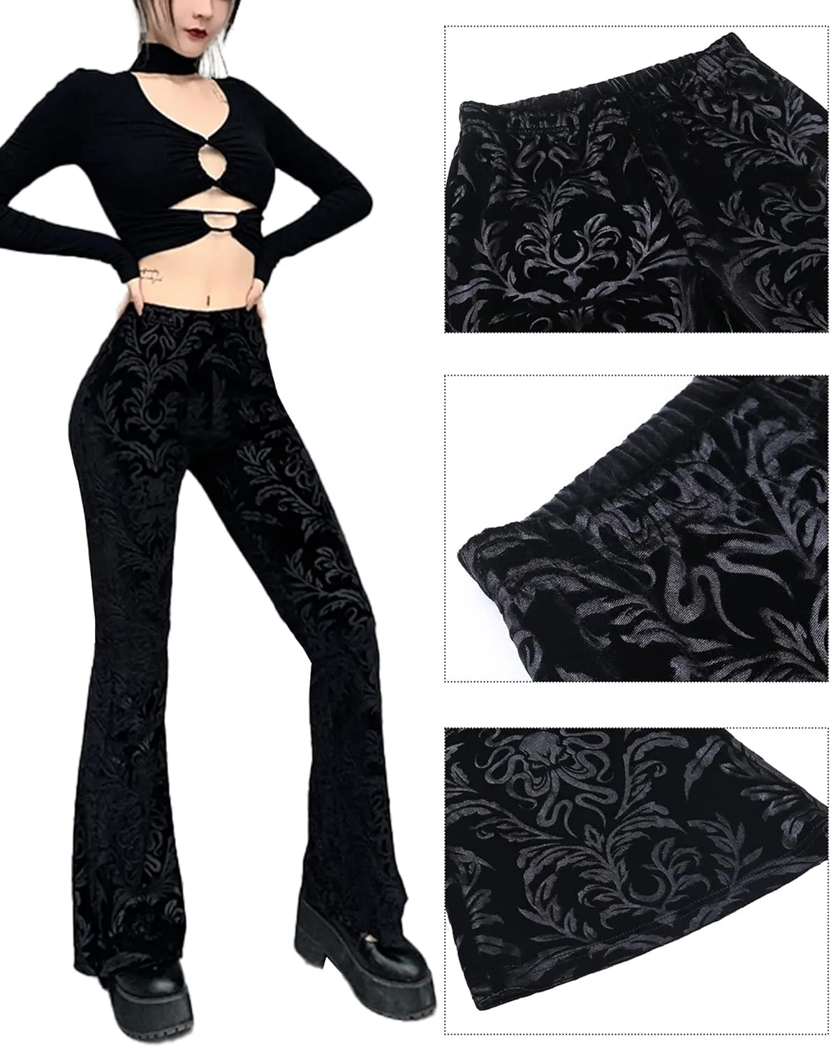 FEOYA Gothic Black Lace Flare Pants for Women Elastic Waist Victorian Bell Bottoms Mesh Punk Disco Pant
