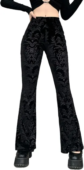 FEOYA Gothic Black Lace Flare Pants for Women Elastic Waist Victorian Bell Bottoms Mesh Punk Disco Pant