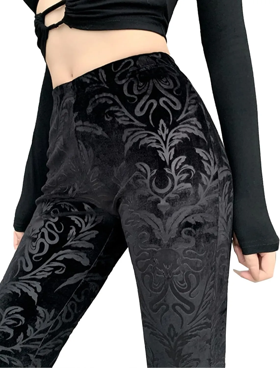 FEOYA Gothic Black Lace Flare Pants for Women Elastic Waist Victorian Bell Bottoms Mesh Punk Disco Pant