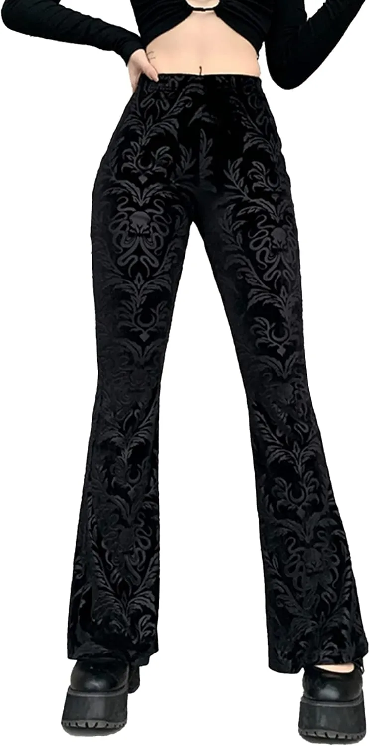 FEOYA Gothic Black Lace Flare Pants for Women Elastic Waist Victorian Bell Bottoms Mesh Punk Disco Pant