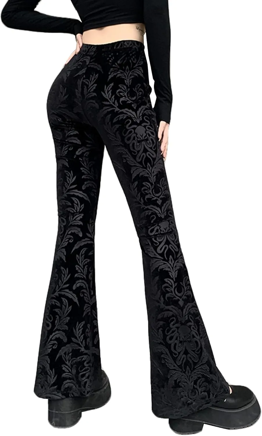 FEOYA Gothic Black Lace Flare Pants for Women Elastic Waist Victorian Bell Bottoms Mesh Punk Disco Pant