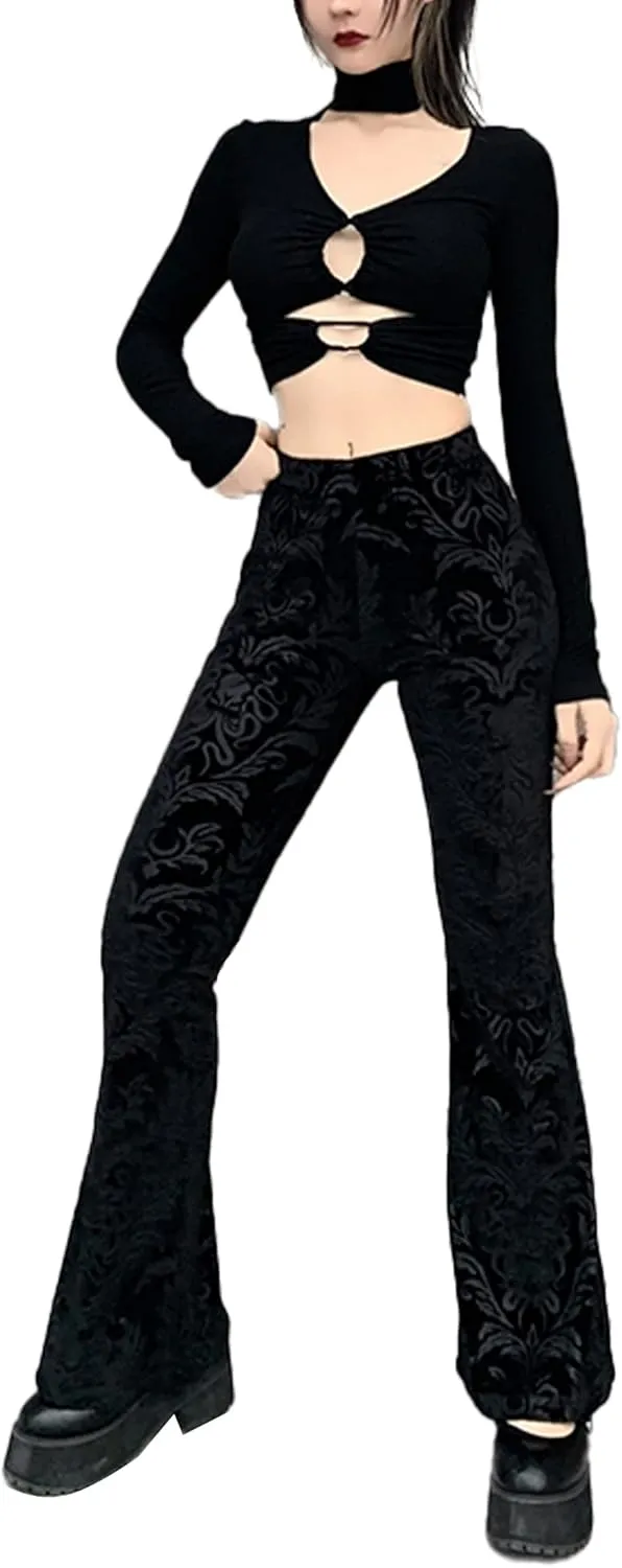 FEOYA Gothic Black Lace Flare Pants for Women Elastic Waist Victorian Bell Bottoms Mesh Punk Disco Pant
