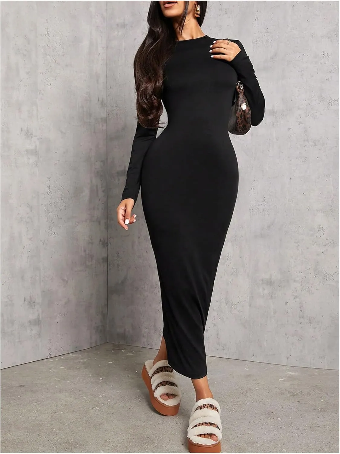 Floerns Women's Long Sleeve Midi Dress Knitted Stretchy Bodycon Pencil Dresses