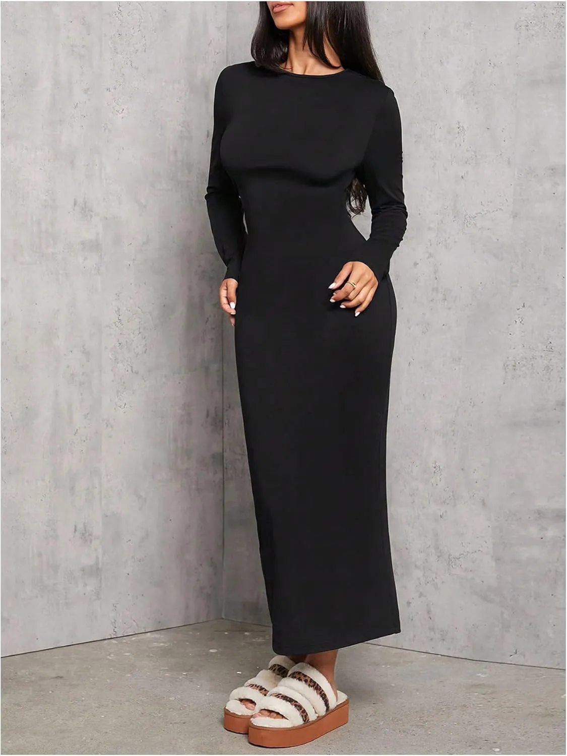 Floerns Women's Long Sleeve Midi Dress Knitted Stretchy Bodycon Pencil Dresses