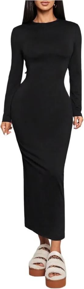 Floerns Women's Long Sleeve Midi Dress Knitted Stretchy Bodycon Pencil Dresses
