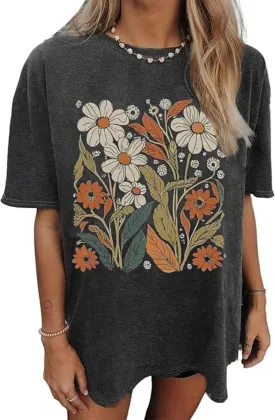 Flower Graphic Oversize Tshirt Women Vintage Wildflowers T-Shirts Sun and Moon Vacation Tee Summer Casual Loose Tee Top