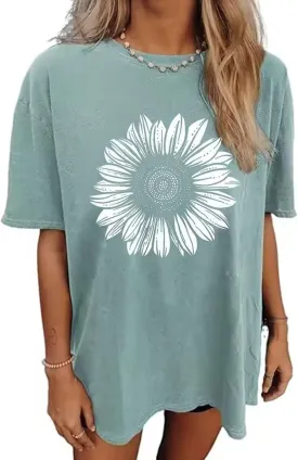 Flower Graphic Oversize Tshirt Women Vintage Wildflowers T-Shirts Sun and Moon Vacation Tee Summer Casual Loose Tee Top
